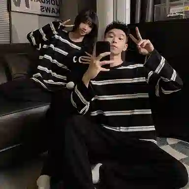 静英鸾 纯棉简约纯色条纹圆领套头长袖长裤休闲家居服秋冬季睡衣套装 男女同款