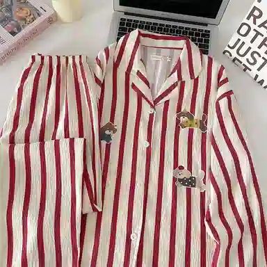 静英鸾 条纹舒适简约长袖翻领设计家居服睡衣套装 女款