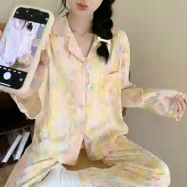 静英鸾 云朵棉长袖长裤翻领开衫甜美蝴蝶条纹纯色休闲家居服秋冬季睡衣套装 女款