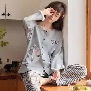 静英鸾 春秋季简约甜美可爱卡通蝴蝶结小猫休闲亲肤舒适家居服睡衣套装 女款