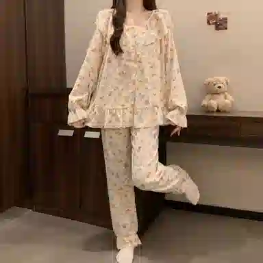 静英鸾 带胸垫长袖长裤满印卡通可爱小熊家居服秋冬季睡衣套装 女款