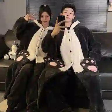 静英鸾 可爱小猫甜美风珊瑚绒加厚加绒保暖家居服秋冬季睡衣套装 男女同款
