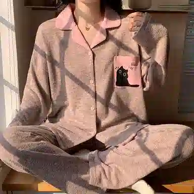静英鸾 翻领简约甜美休闲时尚卡通小猫亲肤舒适可外穿家居服睡衣套装 女款