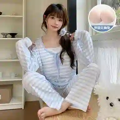 静英鸾 长袖长裤圆领套头简约甜美条纹休闲家居服秋冬季睡衣套装 女款