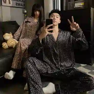 静英鸾 简约式豹纹休闲翻领舒适家居服睡衣套装 男女同款