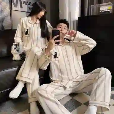 静英鸾 翻领条纹卡通动物甜美风休闲舒适家居服睡衣套装 男女同款