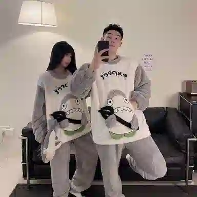 静英鸾 可爱小鲨鱼甜美风圆领珊瑚绒加绒加厚保暖秋冬季休闲舒适家居服睡衣套装 男女同款