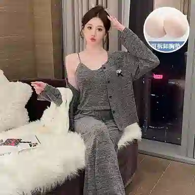 静英鸾 棉质羊绒长袖吊带长裤开衫纯色简约舒适家居服秋冬季睡衣套装 女款