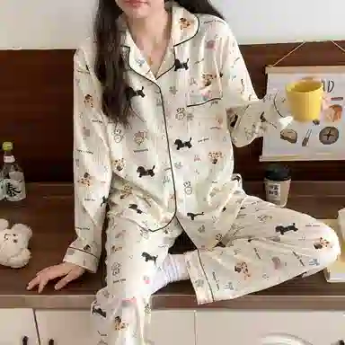 静英鸾 可爱卡通图案满印简约舒适翻领可外穿家居服睡衣套装 女款
