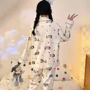 静英鸾 德绒长袖长裤翻领开衫可爱卡通腊肠狗休闲两件套家居服秋冬季睡衣套装 女款