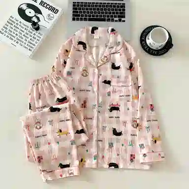 静英鸾 斑点狗满印翻领设计简约舒适可外穿家居服睡衣套装 女款