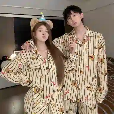 静英鸾 简约卡通图案舒适休闲风长袖翻领家居服睡衣礼盒 男女同款