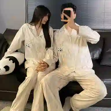 静英鸾 简约熊猫印花长袖长裤开衫舒适家居服睡衣套装 男女同款
