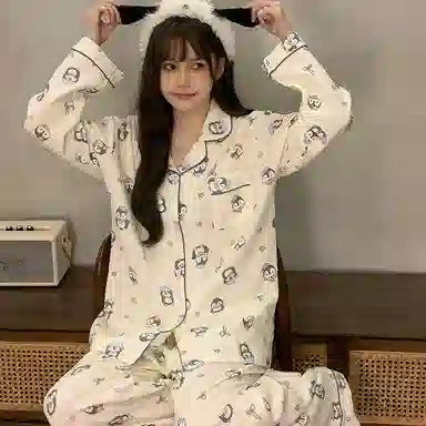 静英鸾 棉质长袖长裤翻领开衫可爱卡通企鹅两件套家居服秋冬季睡衣套装 女款