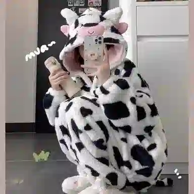 静英鸾 珊瑚绒保暖加厚卡通可爱奶牛连帽开衫休闲长袖长裤家居服睡衣套装 女款