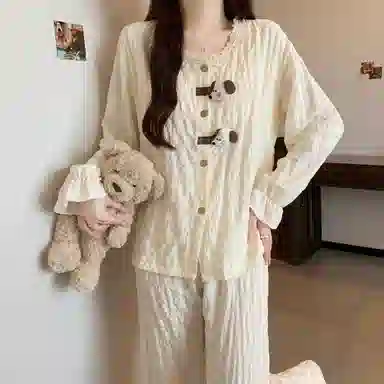 静英鸾 家居女舒适简约休闲风圆领花边设计长袖长裤服睡衣礼盒 女款