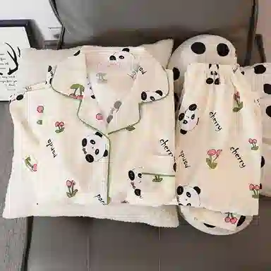 静英鸾 卡通满印熊猫翻领开衫长袖长裤休闲家居服秋冬季睡衣套装 女款