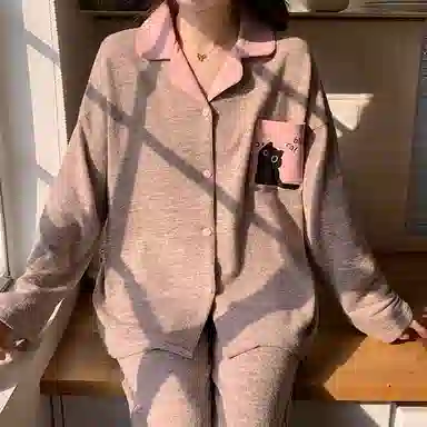 静英鸾 翻领简约甜美休闲时尚卡通小猫亲肤舒适可外穿家居服睡衣套装 女款
