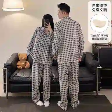 静英鸾 仿棉带胸垫长袖长裤翻领开衫简约格子卡通小熊家居服春秋季睡衣套装 男女同款