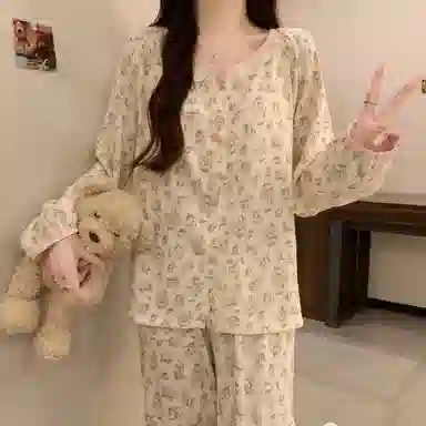 静英鸾 带胸垫长袖长裤圆领满印花朵休闲小清新家居服秋冬季睡衣套装 女款
