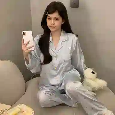 静英鸾 冰雪丝带胸垫长袖长裤翻领开衫甜美蝴蝶结简约两件套家居服秋冬季睡衣套装 女款