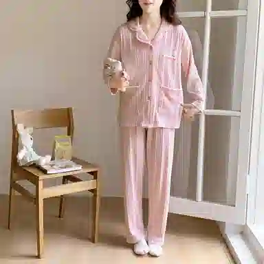静英鸾 简约甜美可爱卡通条纹小花翻领亲肤舒适可外穿家居服睡衣套装 女款