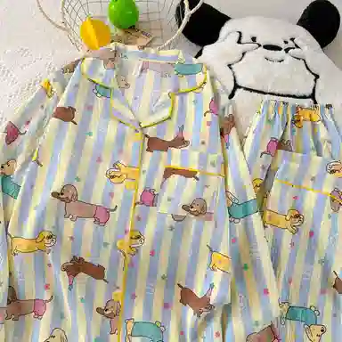 静英鸾 卡通可爱蓝条小狗甜美长袖长裤翻领开衫休闲家居服秋冬季睡衣套装 女款