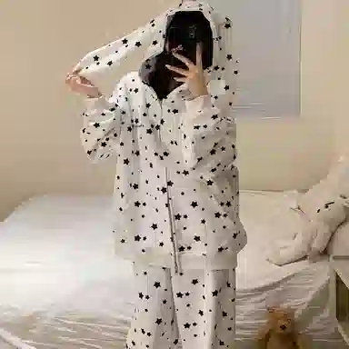 静英鸾 宅家连帽满印星星时尚简约风休闲舒适家居服秋冬季睡衣套装 女款