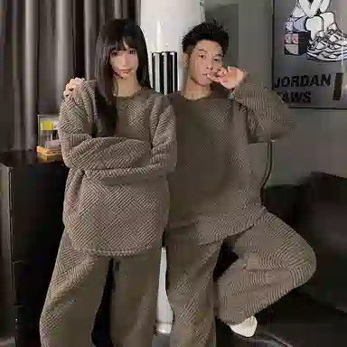 静英鸾 圆领格子休闲舒适保暖加厚加绒珊瑚绒家居服睡衣套装 男女同款