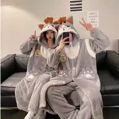 静英鸾 珊瑚绒保暖加绒加厚卡通可爱小猫连帽开衫睡袍长裤休闲家居服睡衣套装 男女同款