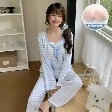 静英鸾 长袖长裤圆领套头简约甜美条纹休闲家居服秋冬季睡衣套装 女款