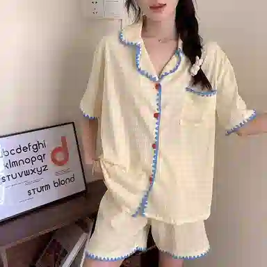 静英鸾 翻领格子甜美风休闲舒适家居服睡衣套装 女款