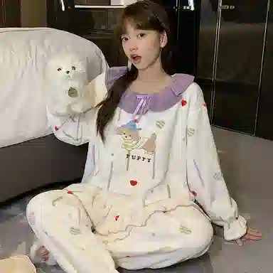 静英鸾 休闲时尚甜美可爱卡通小狗保暖亲肤舒适可外穿家居服睡衣套装 女款