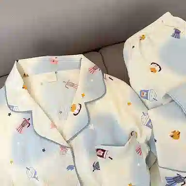 静英鸾 翻领设计花色简约舒适可外穿家居服长袖长裤睡衣套装 女款