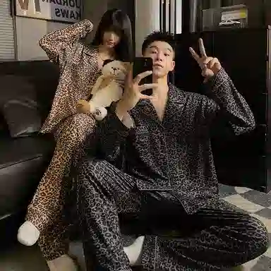 静英鸾 豹纹满印翻领开衫长袖长裤休闲情侣家居服秋冬季睡衣套装 男女同款