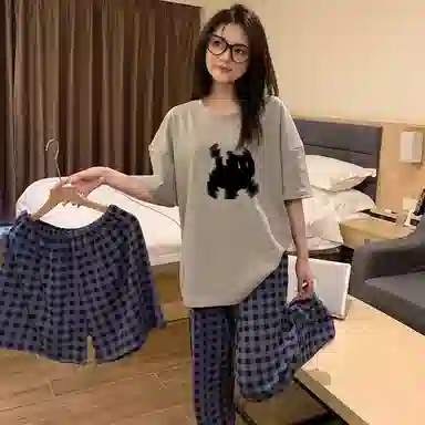 静英鸾 简约休闲卡通小黑猫圆领短袖三件套家居服睡衣套装 女款