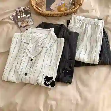 静英鸾 翻领条纹可爱小猫休闲舒适家居服睡衣套装 男女同款