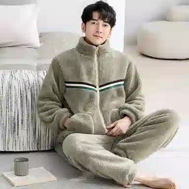 静英鸾 舒适简约加绒加厚立领长袖长裤家居服睡衣套装 男款