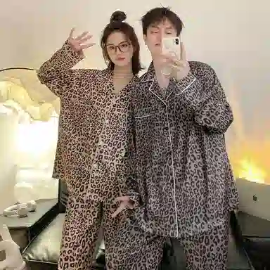 静英鸾 休闲舒适豹纹长袖可外穿翻领开衫家居服睡衣礼盒 男女同款