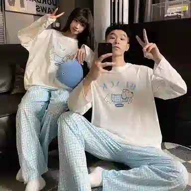 静英鸾 纯棉卡通可爱小狗格子圆领套头长袖长裤休闲家居服秋冬季睡衣套装 男女同款