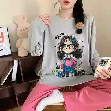 静英鸾 棉质带胸垫长袖长裤圆领套头可爱甜美女孩家居服秋冬季睡衣套装 女款