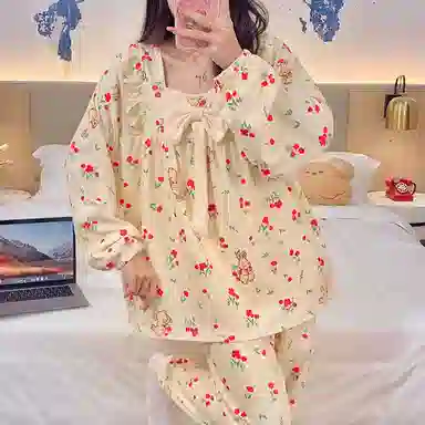 静英鸾 德绒长袖长裤方领套头可爱卡通樱桃兔子两件套家居服秋冬季保暖套装 女款