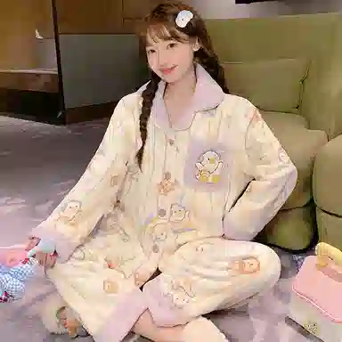 静英鸾 翻领简约休闲时尚甜美可爱卡通鸭子法兰绒亲肤柔软舒适可外穿家居服睡衣套装 女款