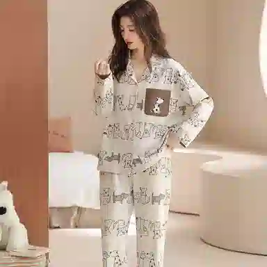 静英鸾 可外穿舒适透气轻便长袖卡通图案家居服睡衣套装 女款
