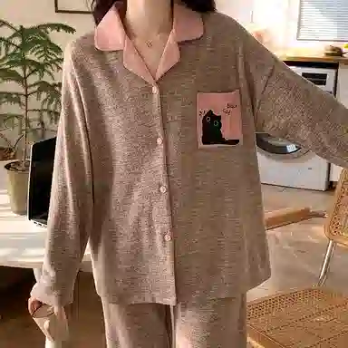 静英鸾 翻领简约甜美休闲时尚卡通小猫亲肤舒适可外穿家居服睡衣套装 女款