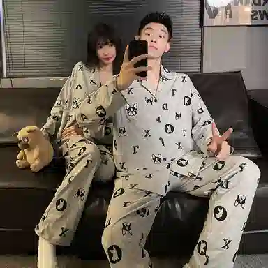 静英鸾 纯棉卡通可爱小狗字母翻领开衫长袖长裤休闲家居服秋冬季睡衣套装 男女同款