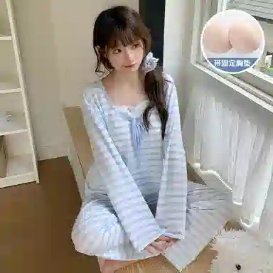静英鸾 长袖长裤圆领套头简约甜美条纹休闲家居服秋冬季睡衣套装 女款