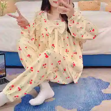 静英鸾 德绒长袖长裤方领套头可爱卡通樱桃兔子两件套家居服秋冬季保暖套装 女款