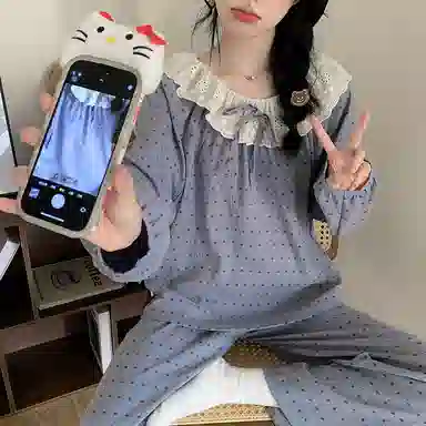 静英鸾 云朵棉长袖长裤圆领套头纯色波点花边两件套家居服秋冬季睡衣套装 女款