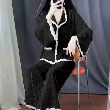 静英鸾 简约纯色高级感方领开衫长袖长裤休闲家居服秋冬季睡衣套装 女款